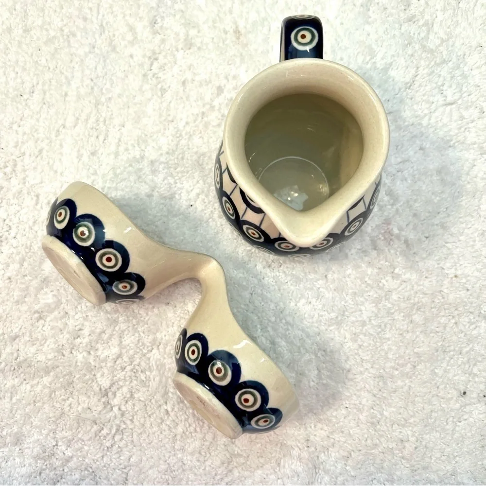 Boleslawiec Pottery Nature Peacock Cobalt Blue Creamer condiment dish Poland set